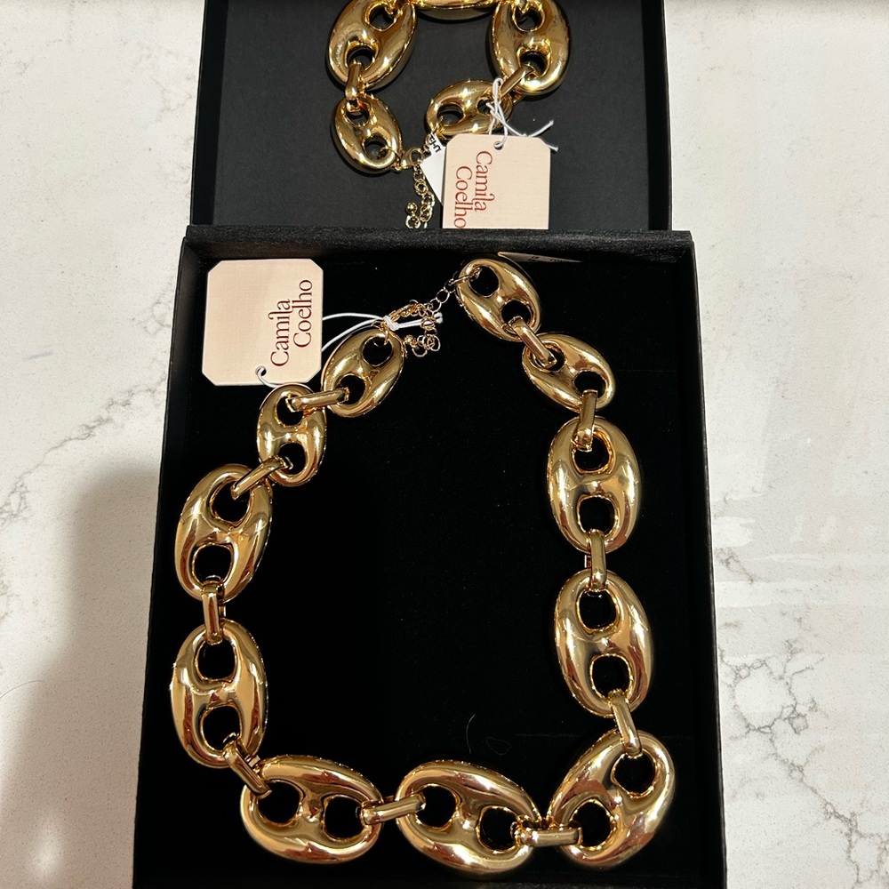 SET Camila Coelho Gold Link Chain Necklace and bracelet, Mariner NWT HTF